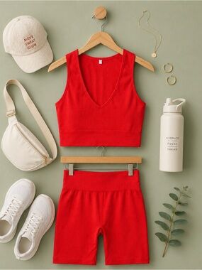 Red Ribbed V-Neck Crop Top & High-Waist Biker Shorts Set